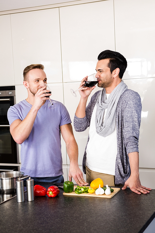 Smiling gay drinking red wine in the kitchen