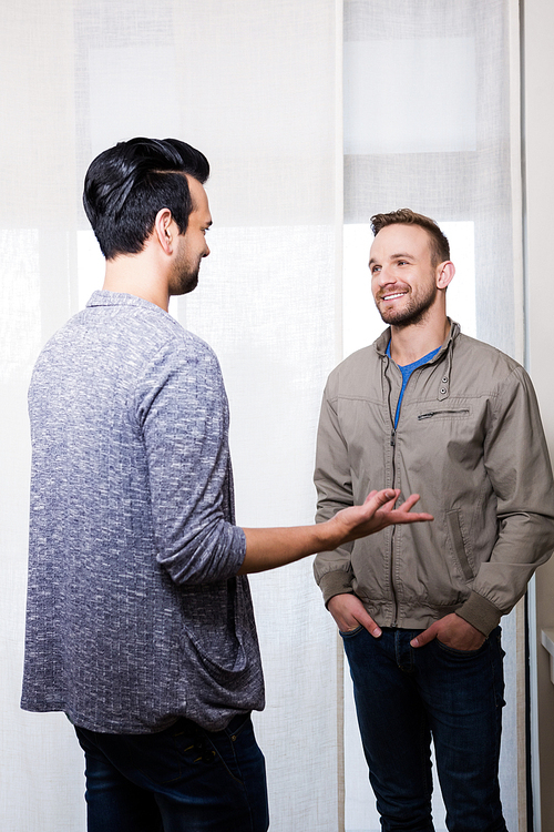 Happy gay couple talking at home