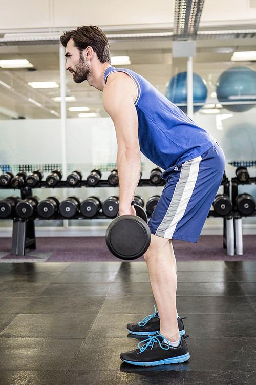 Muscular man lifting barbell at the gym