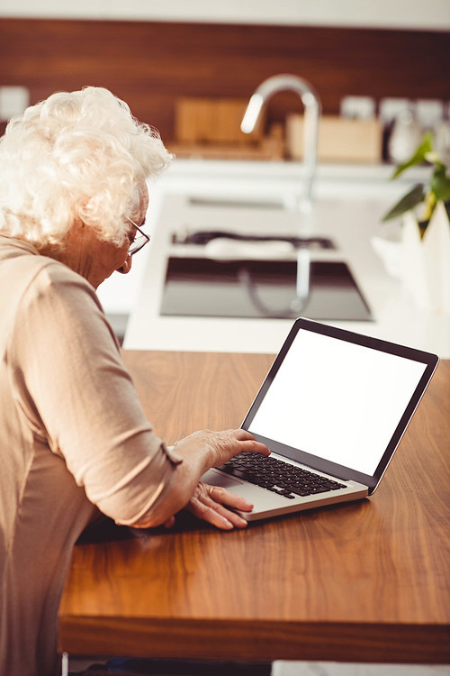 Elderly woman typing on laptop at home