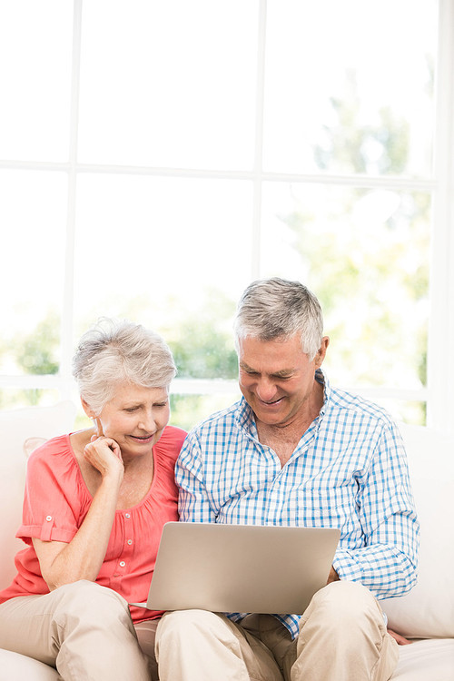Smiling senior couple using laptop on the sofa