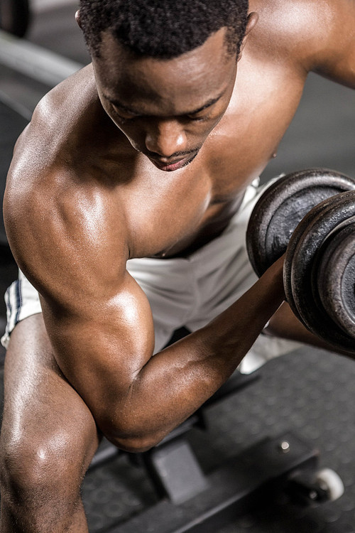 Shirtless man lifting dumbbell on bench at the crossfit gym