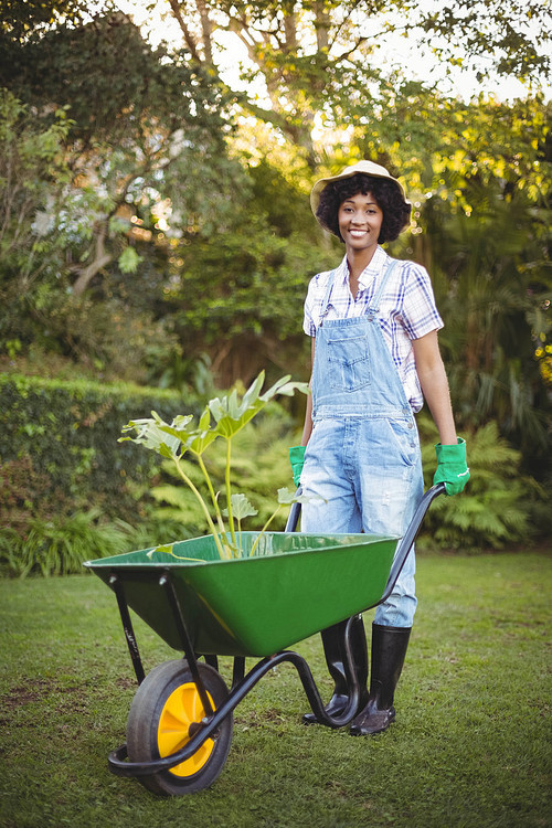 Smiling woman pushing wheelbarrow in the garden