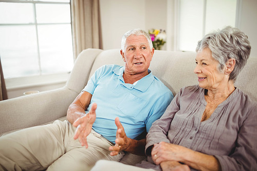 Senior couple sitting on sofa and having a discussion in living room