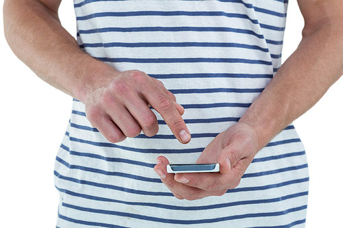 Hipster man using his smartphone on white background