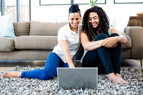 Smiling lesbian couple sitting on rug and using laptop in living room