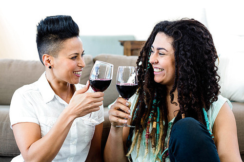 Lesbian couple smiling and toasting wine glasses