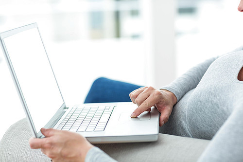 Pregnant woman sitting on sofa and using laptop