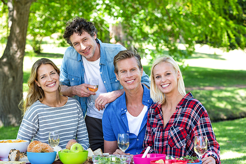 Friends having a picnic with wine in a park