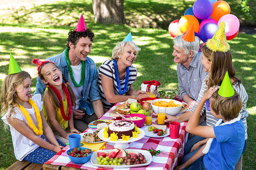 Happy family celebrating a birthday in the park