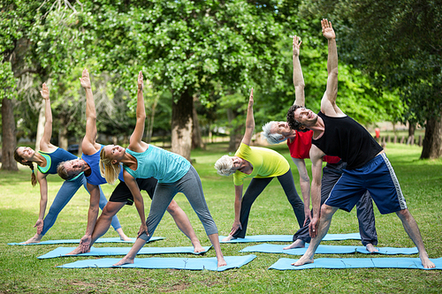 Fitness class stretching in the park