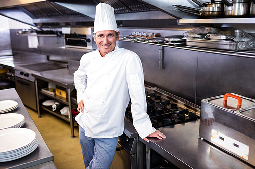 Portrait of happy male chef standing in commercial kitchen
