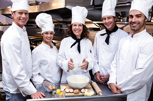 Portrait of happy chefs team standing together in commercial kitchen
