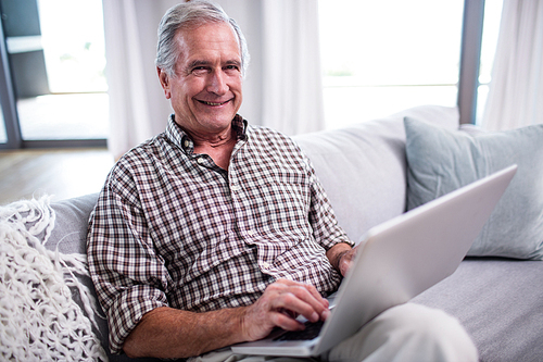 Portrait of senior man using laptop in living room at home