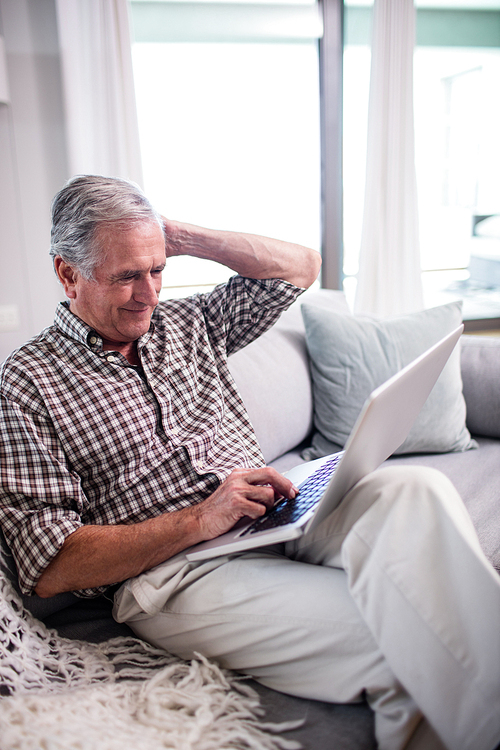Senior man using laptop in living room at home