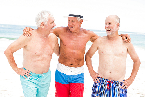 Senior men standing at the beach on a sunny day