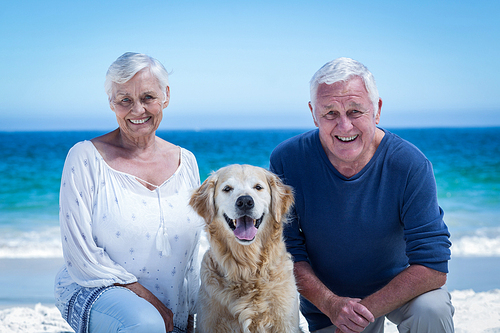 Cute mature couple posing with their dog on the beach