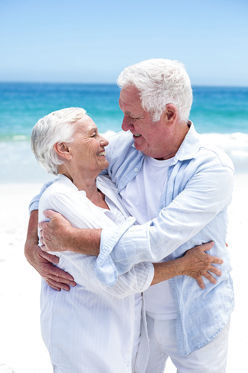 Senior couple embracing and looking to each other at the beach