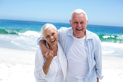 Senior couple embracing and looking the camera at the beach