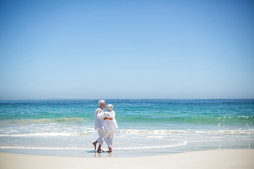 Senior couple embracing at the beach on a sunny day