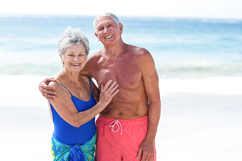Cute mature couple embracing on the beach on a sunny day