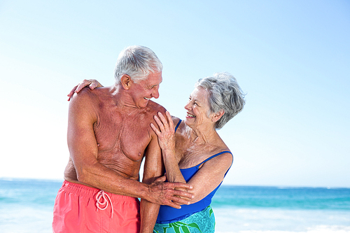 Cute mature couple embracing on the beach on a sunny day