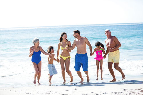 Happy family holding hands at the beach