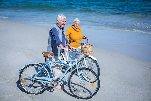 Senior couple with bikes at the beach