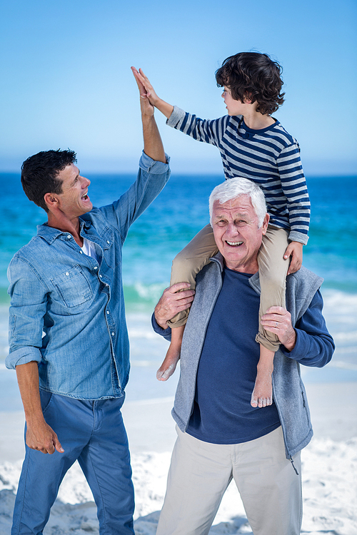 Male family members playing at the beach on a sunny day