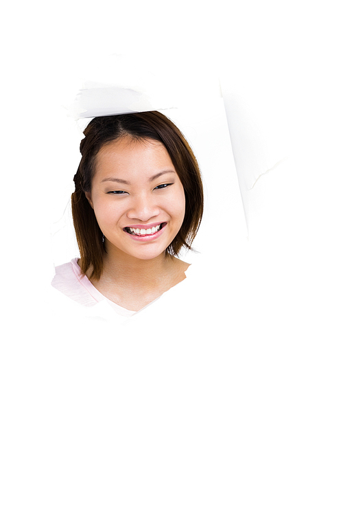 Portrait of young woman smiling on white background