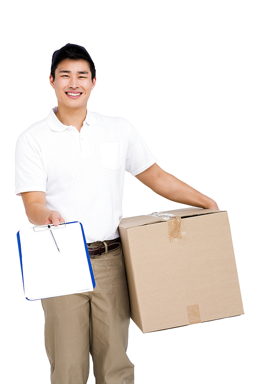 Portrait of delivery man with cardboard box and clipboard on white background