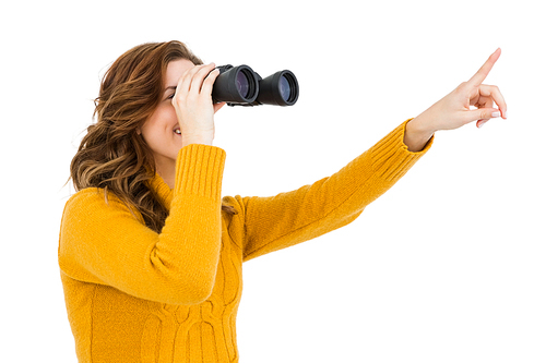 Young woman looking through binoculars on white background