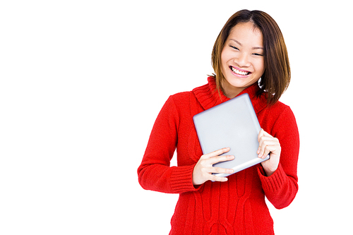 Young woman holding digital tablet on white background