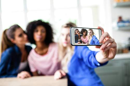 Young female friends taking selfie with smart phone at home