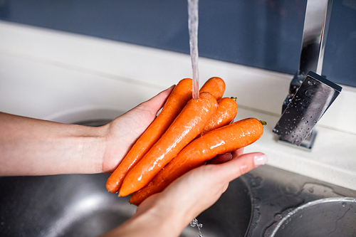 Cropped image of woman washing carrots at kitchen washbasin