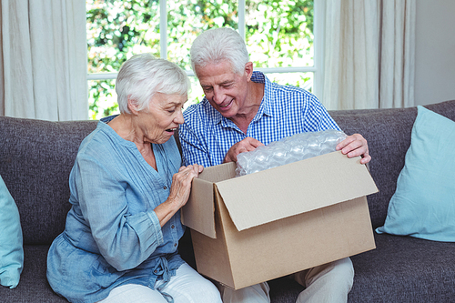 Smiling senior couple looking inside cardboard box at home