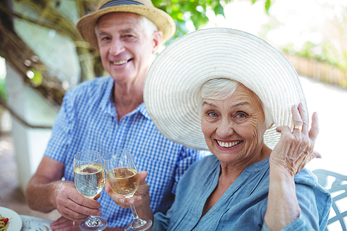 Portrait of cheerful retired couple holding white wine