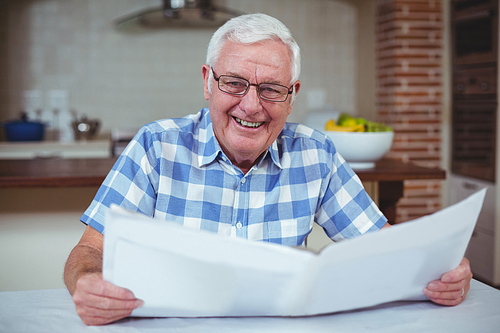 Portrait of happy senior man with newspaper in kitchen