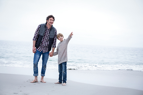 Son pointing while standing with father at sea shore against sky