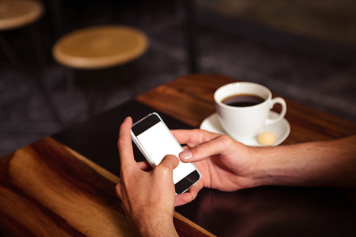 Hipster man using smartphone while drinking coffee in a coffee shop