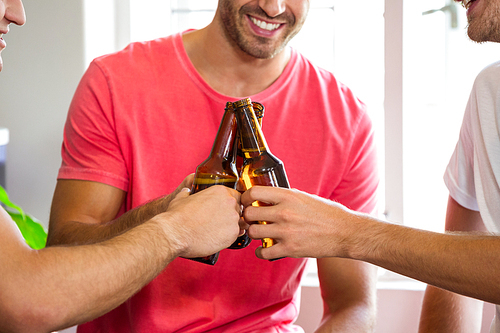 Close-up of friends toasting beer bottles in kitchen