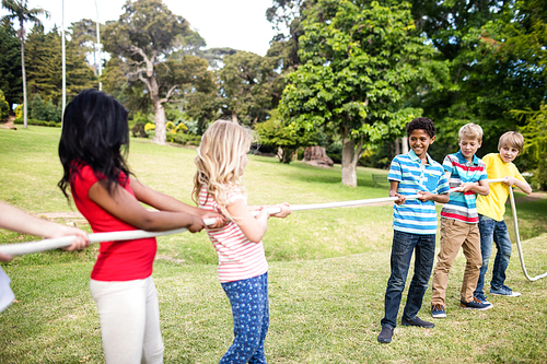Children pulling a rope in tug of war in the park