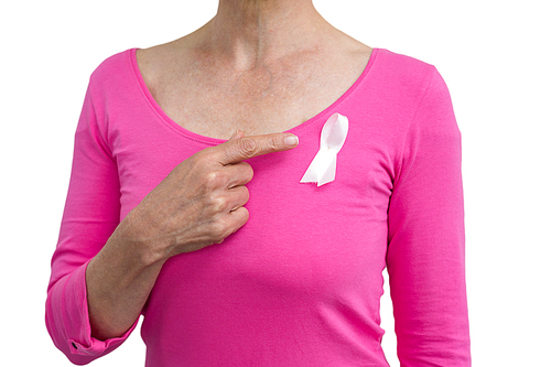 Mid section of woman in pink outfits showing ribbon for breast cancer awareness on white background