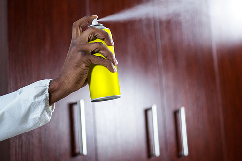 Hand spraying pesticide from a spray can at home