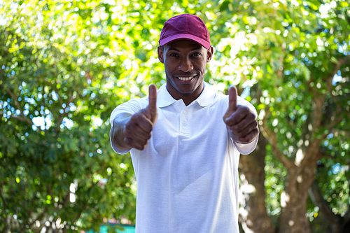 Portrait of happy delivery man showing thumbs up