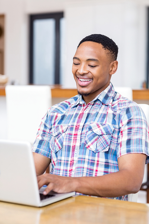 Happy young man using laptop in kitchen at home