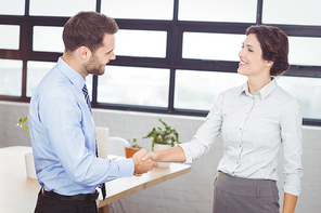 Young business people handshaking while standing in office