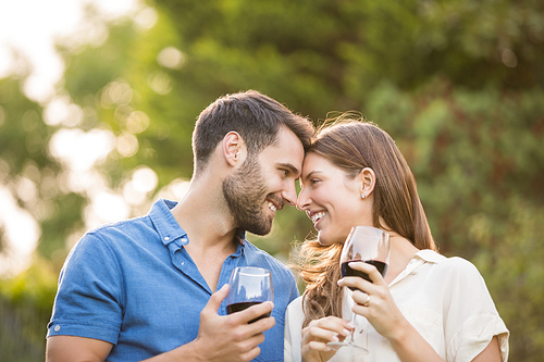 Happy couple with wineglass at park