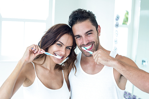 Portrait of happy couple brushing teeth in bathroom at home