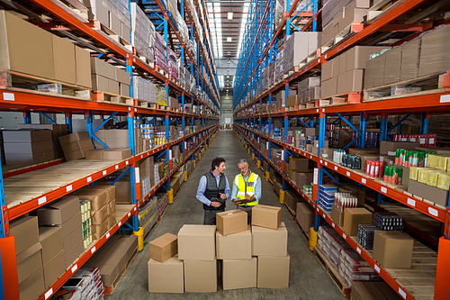 View of managers are checking some cardboard boxes in a warehouse